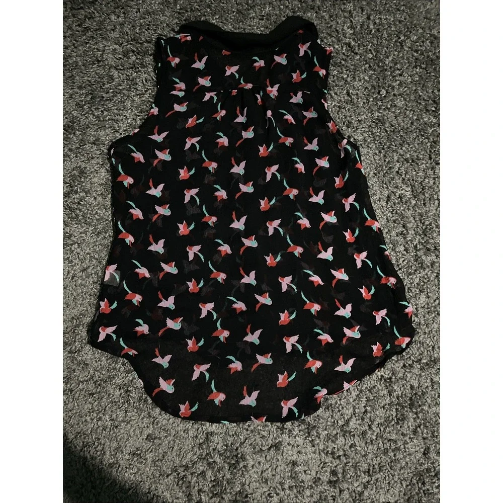 Living Doll Women's‎ M Sheer Black Bird Sleeveless Collared Button Up Top - Picture 6 of 8